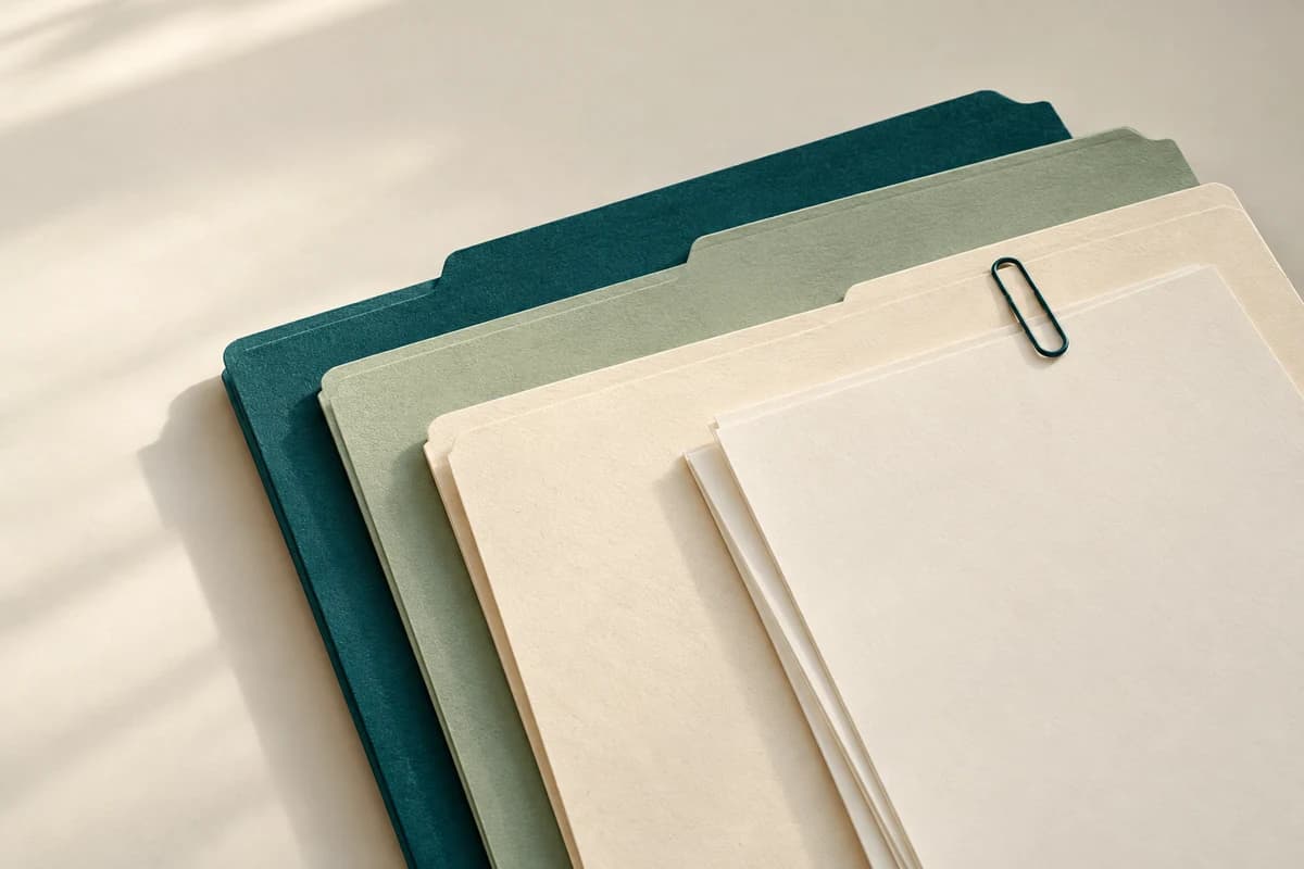 Ivory, sage and teal paper folders holding a set of source documents